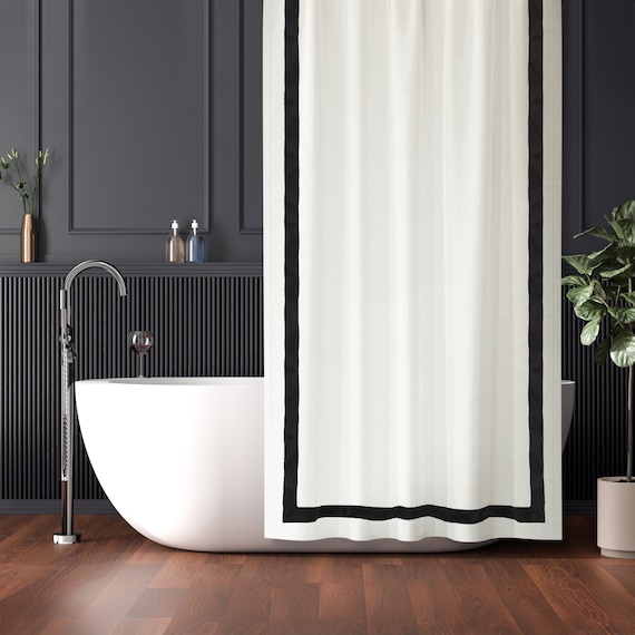 Ivory Shower Curtain With Black Trim Cotton Shower Curtain Custom Shower Curtain Extra Long Shower Curtains Extra Wide Shower Curtains Etsy