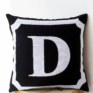 Dorm Pillow Cover, Initial Pillow Cover, Personalized Monogram Pillow, Linen Throw Pillow, Black Cotton Pillow, Black Pillow, Birthday Gifts