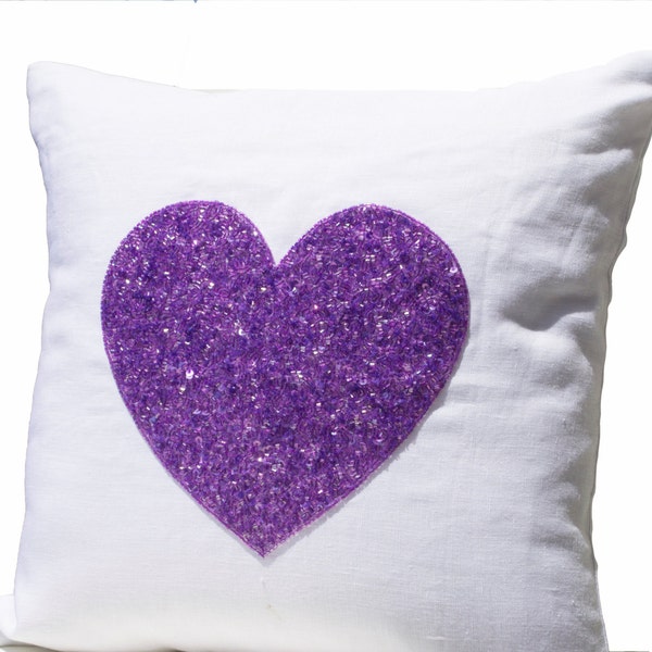 White linen heart pillow cover with purple sequin heart,  Decorative cushion cover, Gift of love,  Throw Pillow Couch pillow, Purple Décor