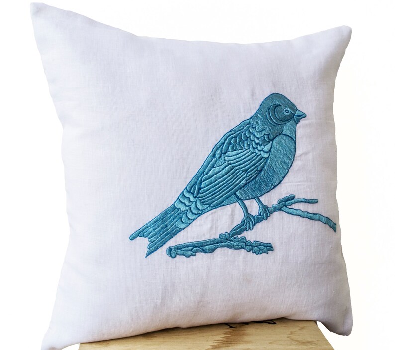 Decorative Throw Pillows Cover Blue Bird Embroidered White Etsy
