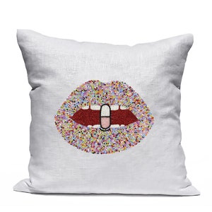 Chill Pill Pillow Cover, Pink Lips Pop Art Pillow Case, Sassy Sprinkles Lip Pillow, Dorm Pop Art Pink Lip Cushion, Valentines Gift Pillow