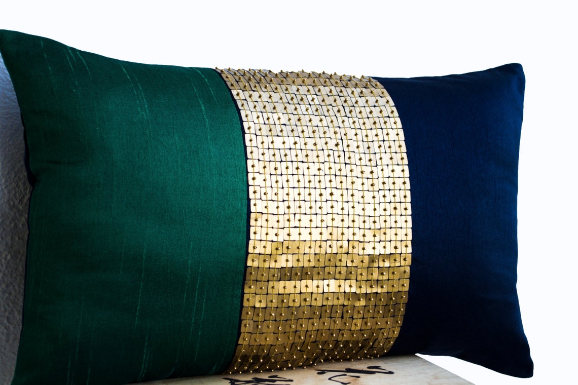 Beaded Throw Pillow Cover Emerald Green Navy Blue Gold Color Etsy UK