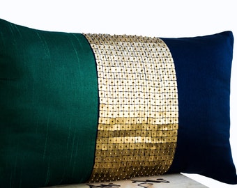 Beaded Throw Pillow Cover Emerald green navy blue gold color block silk sequin cushion, beaded lumbar pillow, Available in Multiple Sizes