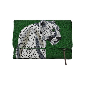 Bolso de cuentas con forma de animal, bolso de fiesta, bolso de cuentas, bolso de cuentas con forma de leopardo, bolso de fiesta con cuentas, bolso de noche, bolso de mano verde y blanco, regalo para ella