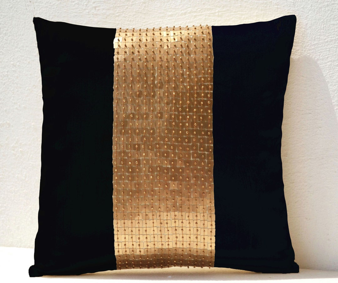 Decorative Throw Pillow, Black Gold Color Block Pillow, Gold Accent