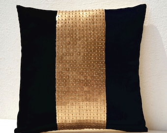 Decorative Throw Pillow, Black gold color block Pillow, Gold Accent Pillow, Sequin Pillow, Black Decor, Housewarming Gifts, Anniversary gift