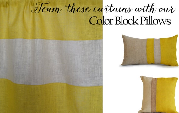 Burlap Curtains Drapes Yellow Ivory Color Block Dorm Etsy