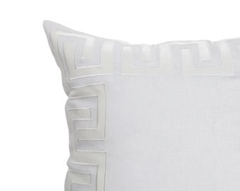 Housewarming Gift For Her, Greek Key Appliqué Pillow Cover, White Linen With Ivory Velvet Embroidery Pillowcase, Decorative Pillow Cover
