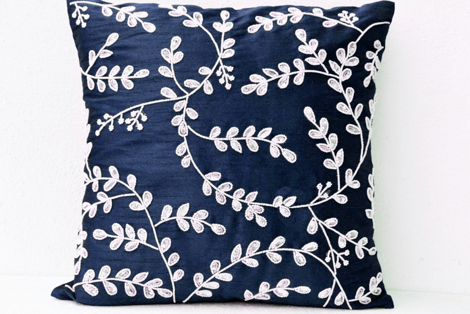 Navy Blue Throw Pillows Bead Sequin Leaves Pillow silk Etsy