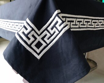 Navy Blue Greek Key Tablecloth | Table Linen with Ivory Geometric Border | Classic Dining Table Decor | Thanksgiving and Housewarming Gift