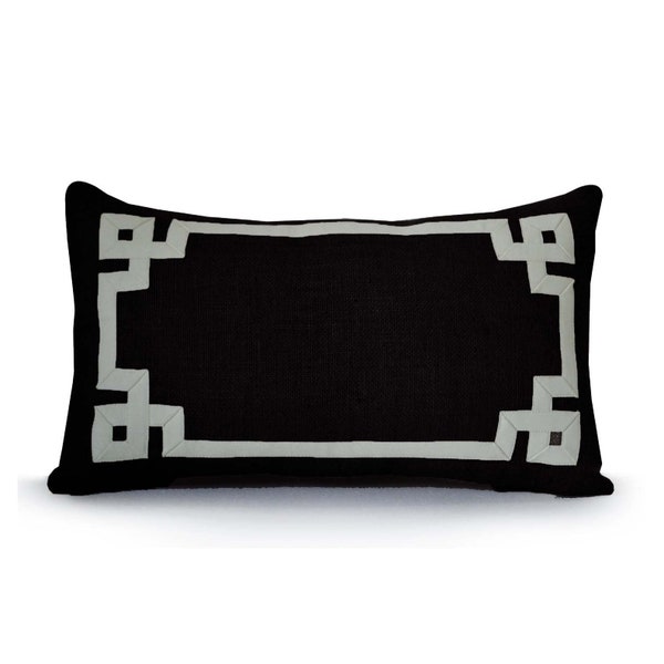Burlap Throw Pillow Cover, Greek Key Pillow, Greek Key Trim Pillow, Burlap Pillow, Jute Cushion, Rustic Decor Pillow, Burlap Lumbar Pillows