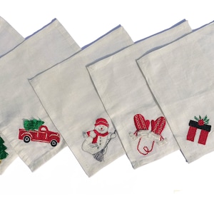 クリスマス モチーフのリネン カクテル ナプキン 5 枚セット、クリスマス カクテル ナプキン、刺繍入りカクテル ナプキン、ホリデー シーズン カクテル ナプキン