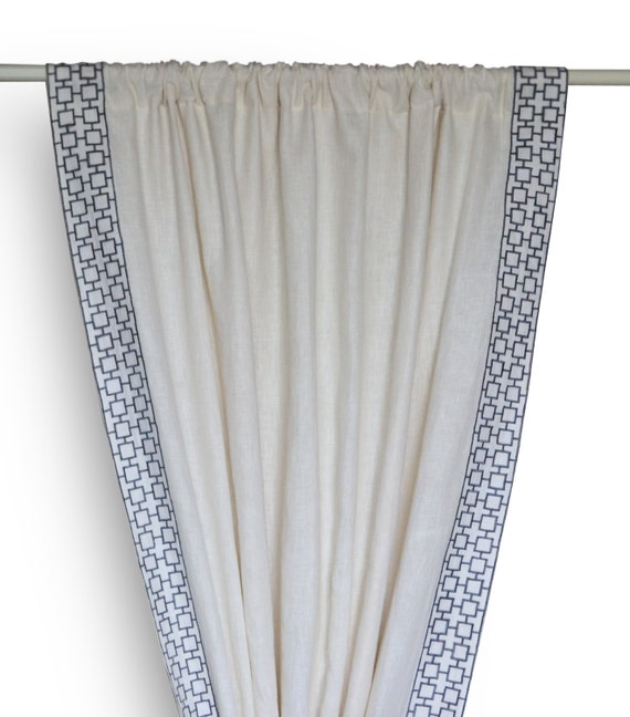 Linen Curtain Drape Custom Curtains Grey Lattice Embroidered Etsy