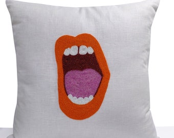 Pop art pillow, Halloween Pillow Orange lips pillow, Pop art cushion, art pillow, linen pillow, Green lips pillow, birthday gift, Present