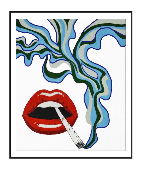 a cigarette pressed between her lips Smoking Lips Wall Art, Woman Smoking Cigarette, Red Smoking Lips Beaded  Wall Art, Living Room Art, Retro Modern Wall Art, Girly Wall Art