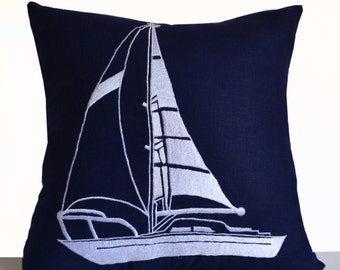 Navy blue Yacht Pillowcase, Ship Pillow,  Navy White Decor, Nautical Pillow, Farmhouse Decor, Cottage Decor, Beach House Pillow, Gift Pillow