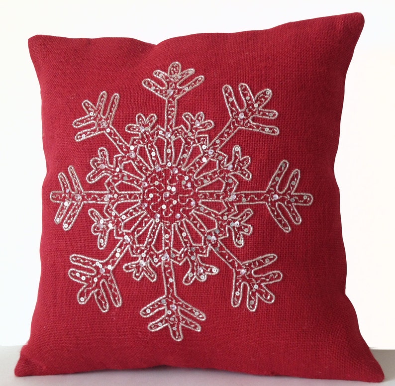 Mother/'s Day Gift Decorative Pillow Red Burlap Pillows Red Throw Pillow Silver Sequin Pillows Snow Flake Pillow