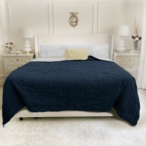 Navy Linen Handmade Quilt, King Size Quilt Set, Queen Size Quilt, Quilt With Shams, Linen Bedding Set, Quilted Bedspread, Twin Quilt, Gift