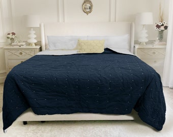 Navy Linen Handmade Quilt, King Size Quilt Set, Queen Size Quilt, Quilt With Shams, Linen Bedding Set, Quilted Bedspread, Twin Quilt, Gift