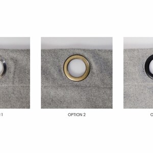 May include: Three close-up images of eyelets for curtains. The first eyelet is silver, the second is gold, and the third is black.