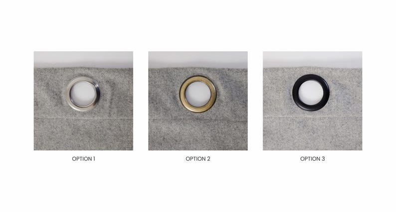 May include: Three close-up images of eyelets for curtains. The first eyelet is silver, the second is gold, and the third is black.