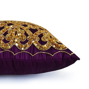 Purple Gold Throw Pillow Cover, Autumn Sequin Pillow, Gold Bead Pillow, Sequins Sparkle Décor, Holiday Décor