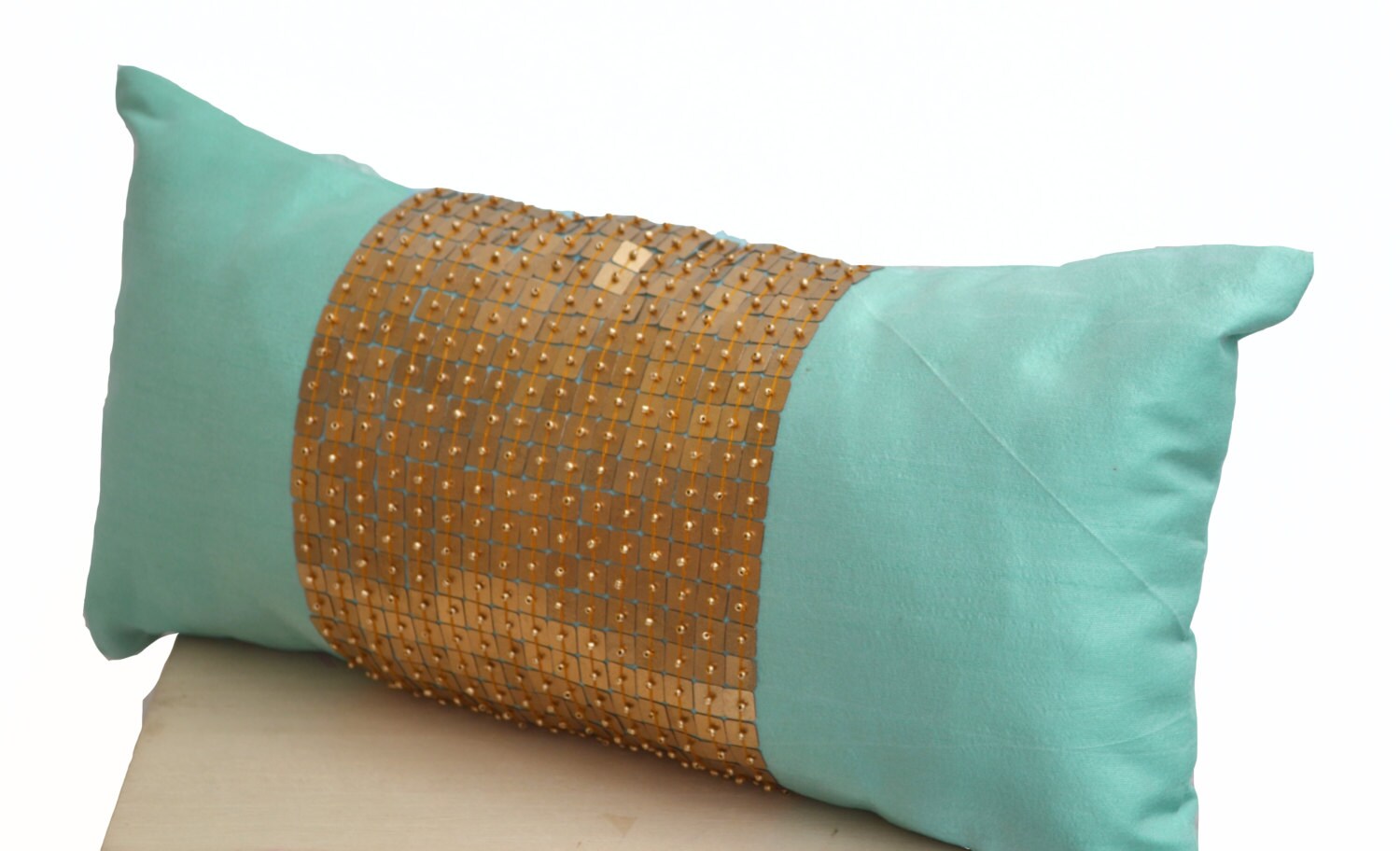 Teal Lumbar Pillows Gold Color Block Pillow Cover Sequin