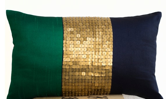 Beaded Throw Pillow Cover Emerald Green Navy Blue Gold Color Block Silk Sequin Cushion Beaded Lumbar Pillow Available in Multiple Sizes Etsy Canada