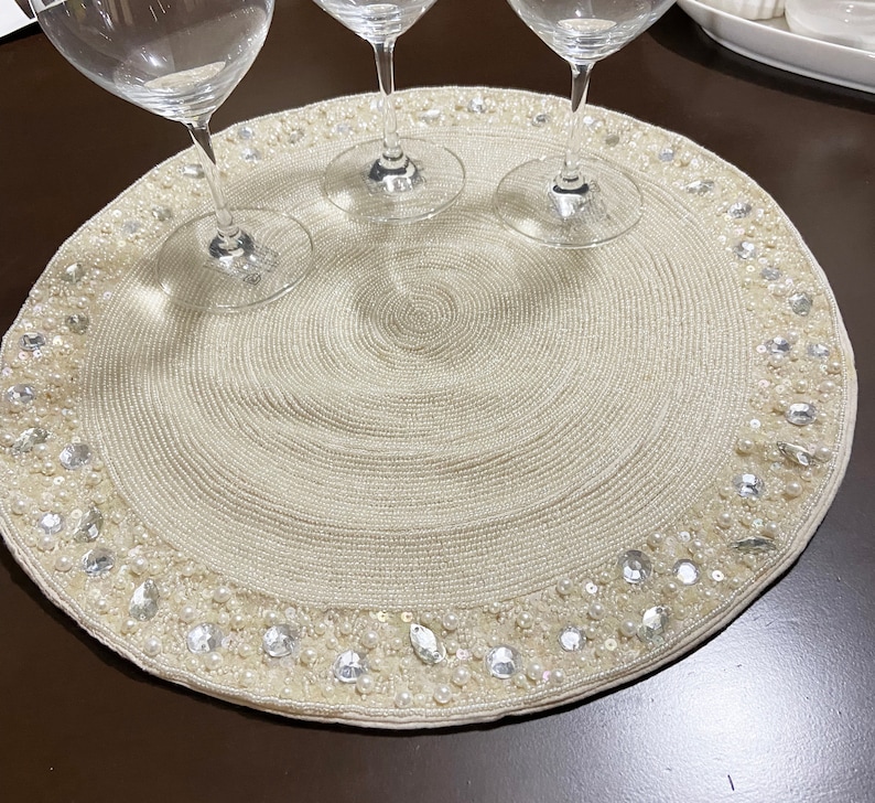 Ivory Beaded Placemats off White Crystal Placemat Set Hand Etsy