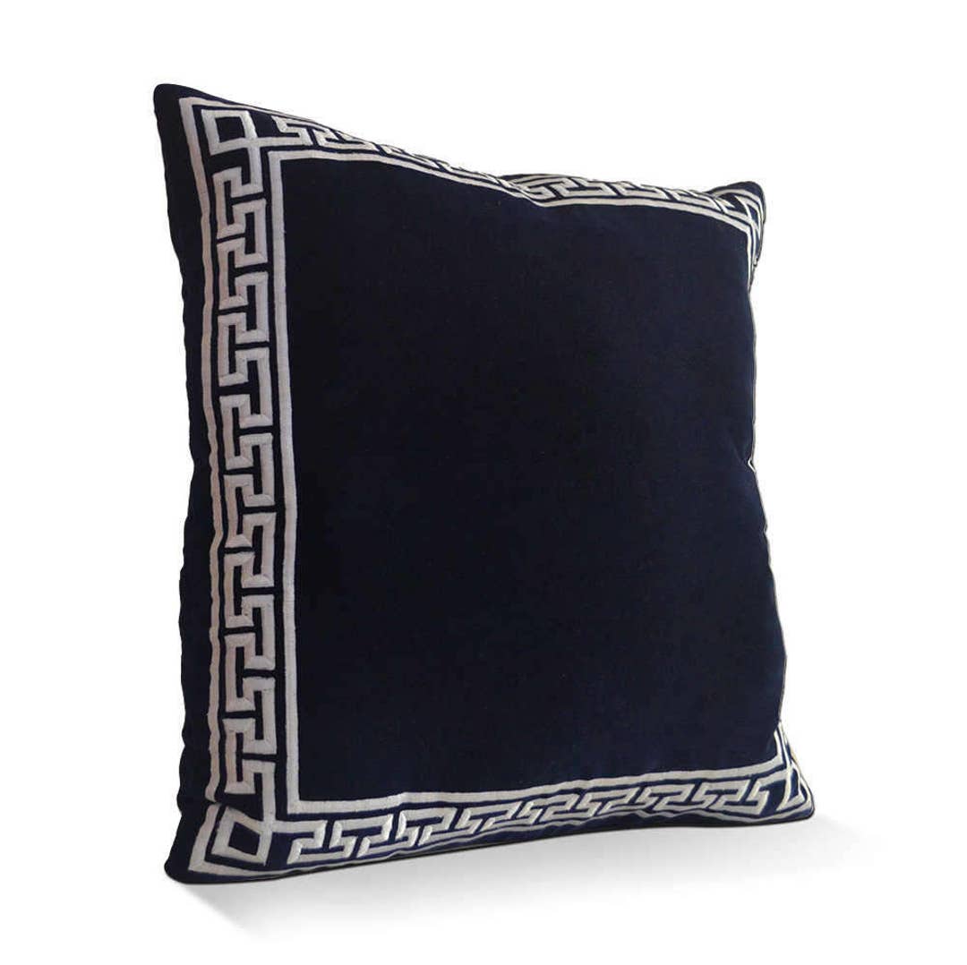 Ivory Velvet Pillow Cover, Navy Greek Key Pillow Case, Spring Euro Sham, Greek Key Embroidered