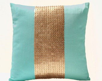 Spring Pillow, Teal Gold Pillow Covers, Decorative Pillows, Throw Pillows, Silk Pillow, Color Block Pillow, Gold Sequin Pillows