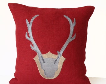 Christmas Pillow, Deer Pillow Antler Pillow, Throw Pillow Cover Red Burlap, Cover, Merry And Bright Christmas Decor, Cottage Country
