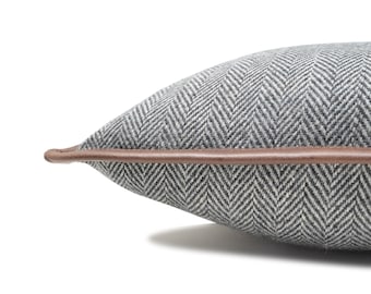 Chevron Wool Throw Pillow Cover With Leather Trim, Leather Trim Pillow Cover, Gray Herringbone Cushion Cover, Leather Wool Throw Pillow Case