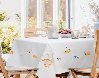 Nautical Tablecloth with Embroidered Fish | Coastal Ocean Theme Cotton Blend Table Linen | Summer Beach House Dining Room Décor