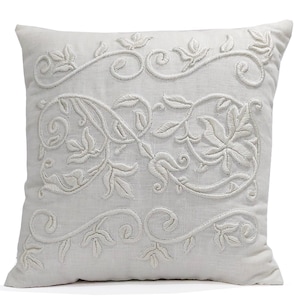 White Linen Hand Embroidery Pillow Cover Scroll Embroidery - Etsy