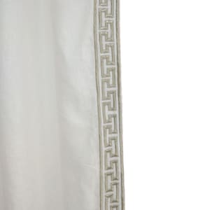 White Linen Curtain Drape, Greek Key Embroidery Curtain, Window Curtain, White Gold Drapes, Short Curtains, Door Drape
