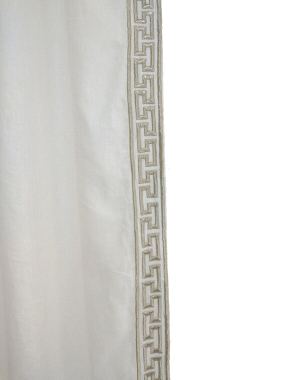 White Linen Curtain Drape Greek Key Embroidery Curtain Etsy
