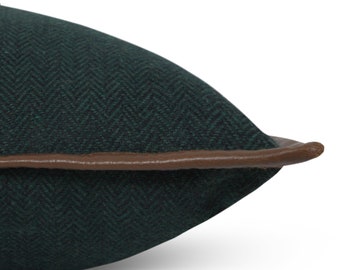Dark Green Herringbone Wool Throw Pillow Cover With Leather Trim, Leather Trim Pillow Cover, Green Chevron Cushion Cover, Wool Pillow Case
