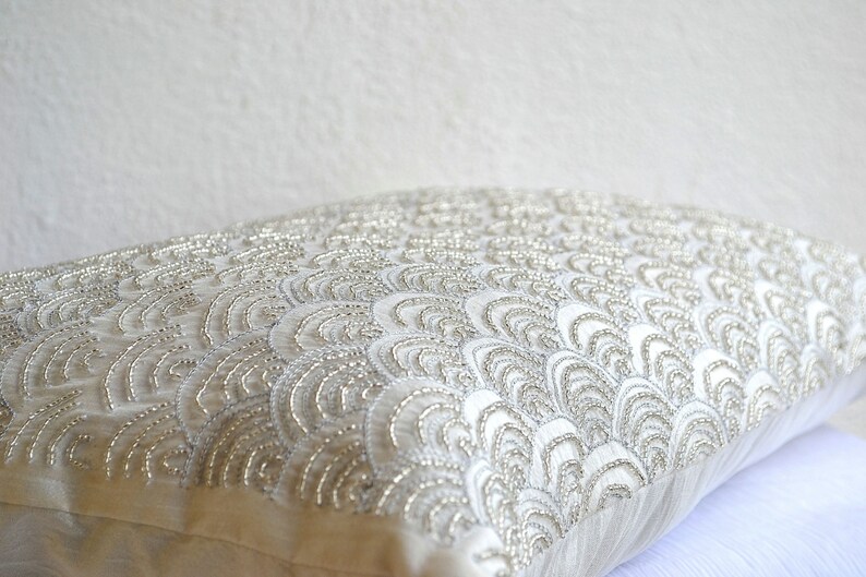 Ivory White Lumbar Pillow Silver Embroidered Pillow Sashiko Etsy