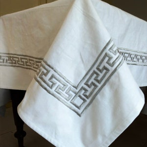 Table Cloth, White Cotton Table Linen, Gray Greek Key Embroidery, Designer Table Cloth, kitchen Gifts, Housewarming Gift