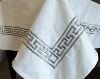 Table Cloth, White Cotton Table Linen, Gray Greek Key Embroidery, Designer Table Cloth, kitchen Gifts, Housewarming Gift