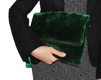 Velvet Clutch, Emerald Green Foldover Bag, Fold Over Clutch, Velvet Bag, Gift for Mother, Wedding Gift, Anniversary Gift, Bridal Shower Gift