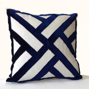 Ivory Navy Pillow Cover, Chippendale Latices Pillow, Velvet Cut Out Pillow, Linen Velvet Pillow, Bachelor Pad Pillow, Living Room Pillow