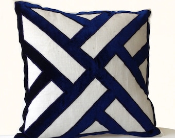 Ivory Navy Pillow Cover, Chippendale Latices Pillow, Velvet Cut Out Pillow, Linen Velvet Pillow, Bachelor Pad Pillow, Living Room Pillow