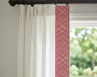 Chevron Linen Drapery with Embroidery, Ivory Coral Window Curtains, Custom Made Curtain, Linen Curtains, Trellis Embroidery Curtain