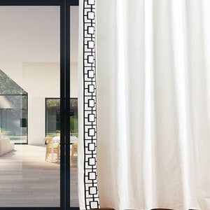 Custom Tailored Linen Drapery with Embroidery, Ivory Black Window Curtains, Custom Made Curtain, Linen Curtains, Trellis Embroidery Curtain