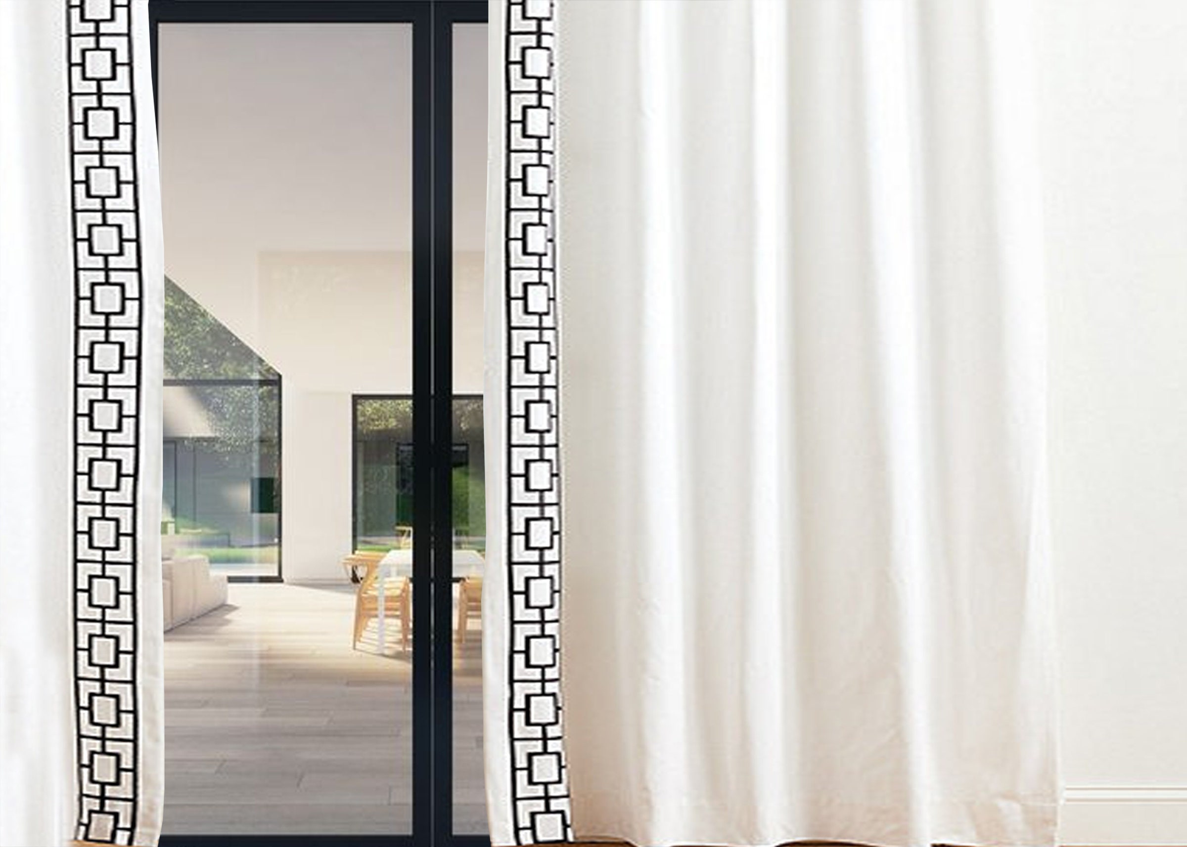 Custom Tailored Linen Drapery with Embroidery, Ivory Black Window Curtains, Custom Made Curtain, Linen Curtains, Trellis Embroidery Curtain
