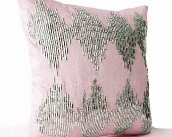 Pink Faux Silk Pillow Cover With Silver Sequin, Pillow Cover With Traditional Ikat Pattern, Handmade Gift For Mom