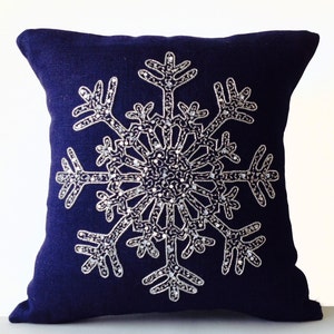 Snowflake Silver Sequin Pillow, Christmas Decorative Pillow, Navy Blue Pillow Covers, Holiday Decor, Burlap Pillow Case, Decorative Pillow