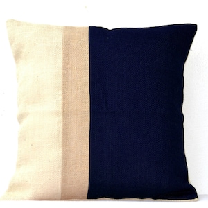 Burlap Sham, Burlap Pillows, Navy Blue Burlap Pillow Color Block, Blue Cushion, Navy Throw pillow 24x24, Navy Euro Sham, Housewarming Gift